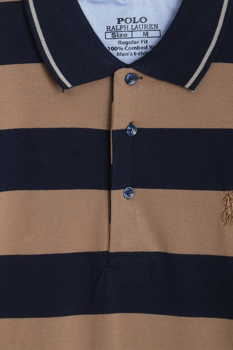Men Pique Stripes Polo - Brown And Navy