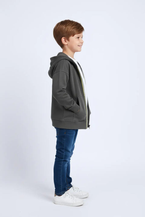 Boys Branded Zipper Hoodie - Olive