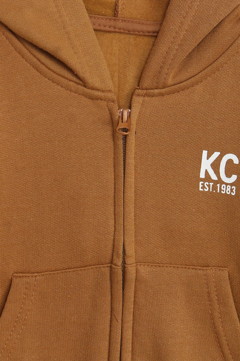 Boys Branded Zipper Hoodie - Caramel