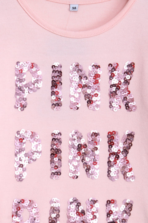 Girls Branded Sequins T-Shirt F/S - Baby Pink