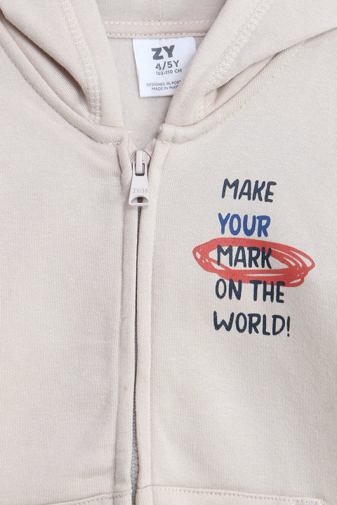 Boys Branded Zipper Hoodie - Cream