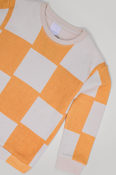 Boys Branded Checkered Fleece Sweatshirt - Cream and Orange