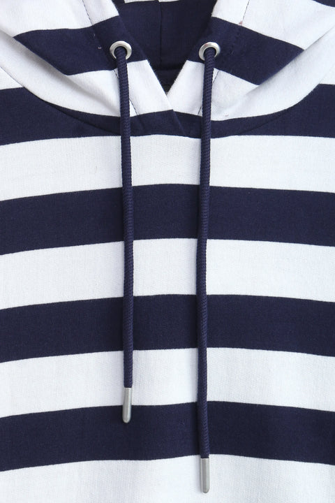 Women Branded Stripes Hoodie - Navy And White