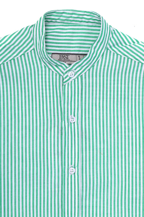 Boys Band Collar Casual Lining Shirt BCS24#03 - Green And White