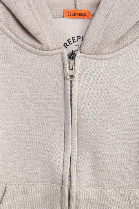 Boys Branded Zipper Hoodie - L/Beige