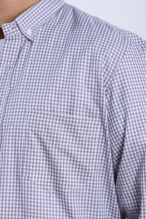 Men Band Collar Check Shirt MCS24-05 - L/GREY