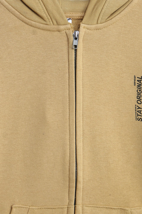 Boys Branded Zipper Hoodie - Khaki