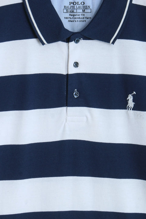 Men Pique Stripes Polo - White And Navy