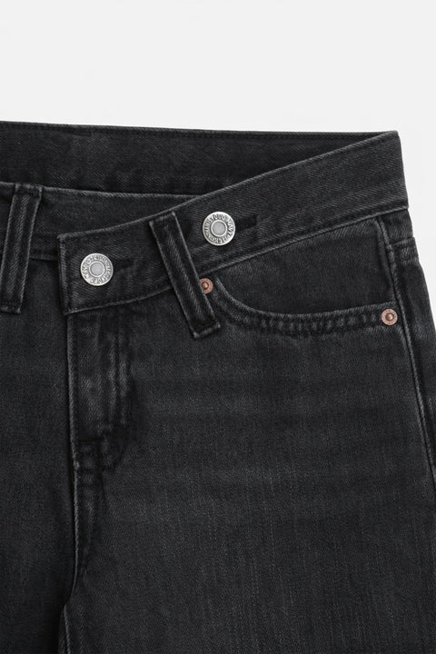 Girls Branded Denim Loose Fit Pant - Black