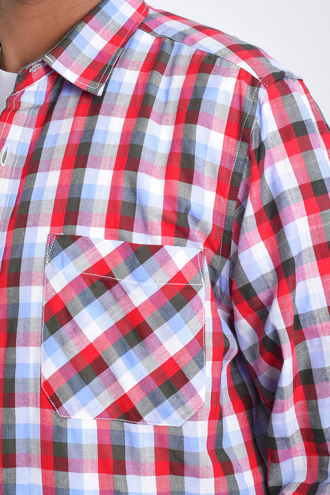 Men Double Pocket Shirt MCS24-13 - Red And Blue Check