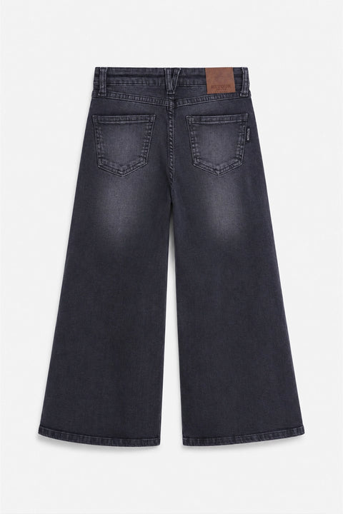 Girls Branded Wide Leg Denim pant - D/Grey