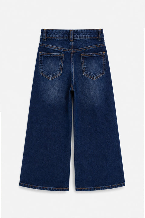 Girls Branded Wide Leg Denim pant - D/Blue