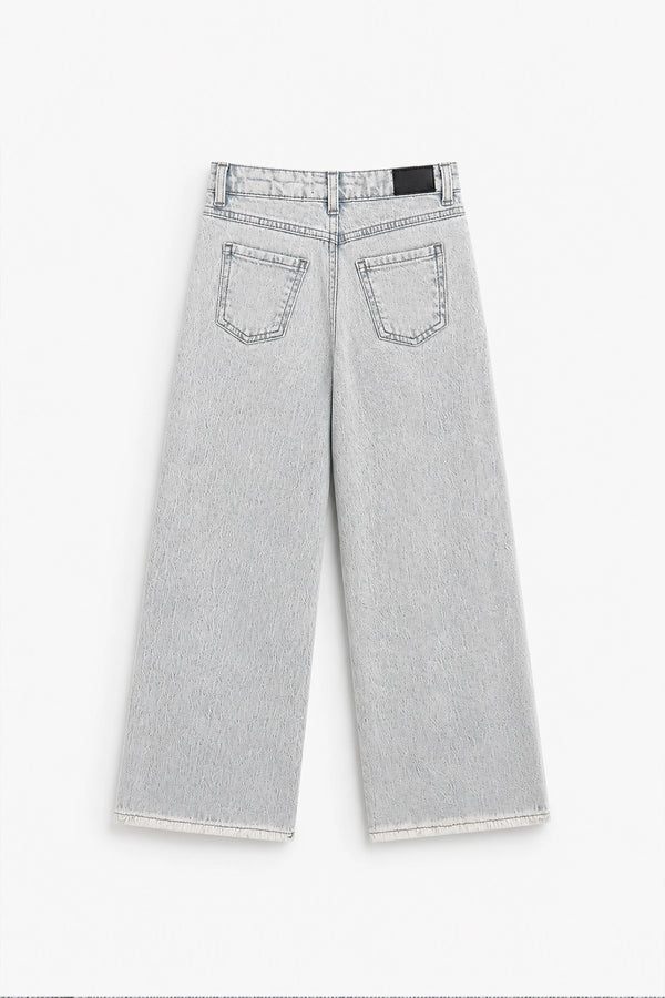 Girls Branded Wide Leg Denim pant - L/Grey