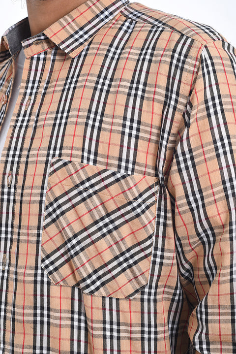Men Double Pocket Shirt MCS24-13 - Khaki Check