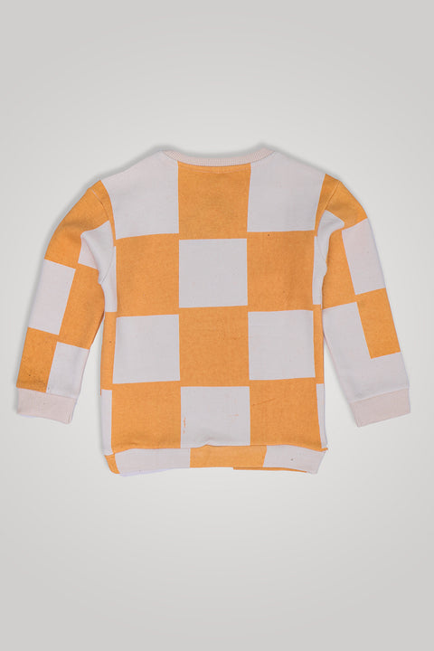 Boys Branded Checkered Fleece Sweatshirt - Cream and Orange