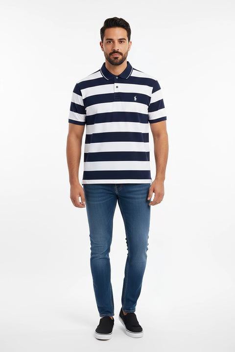 Men Pique Stripes Polo - White And Navy
