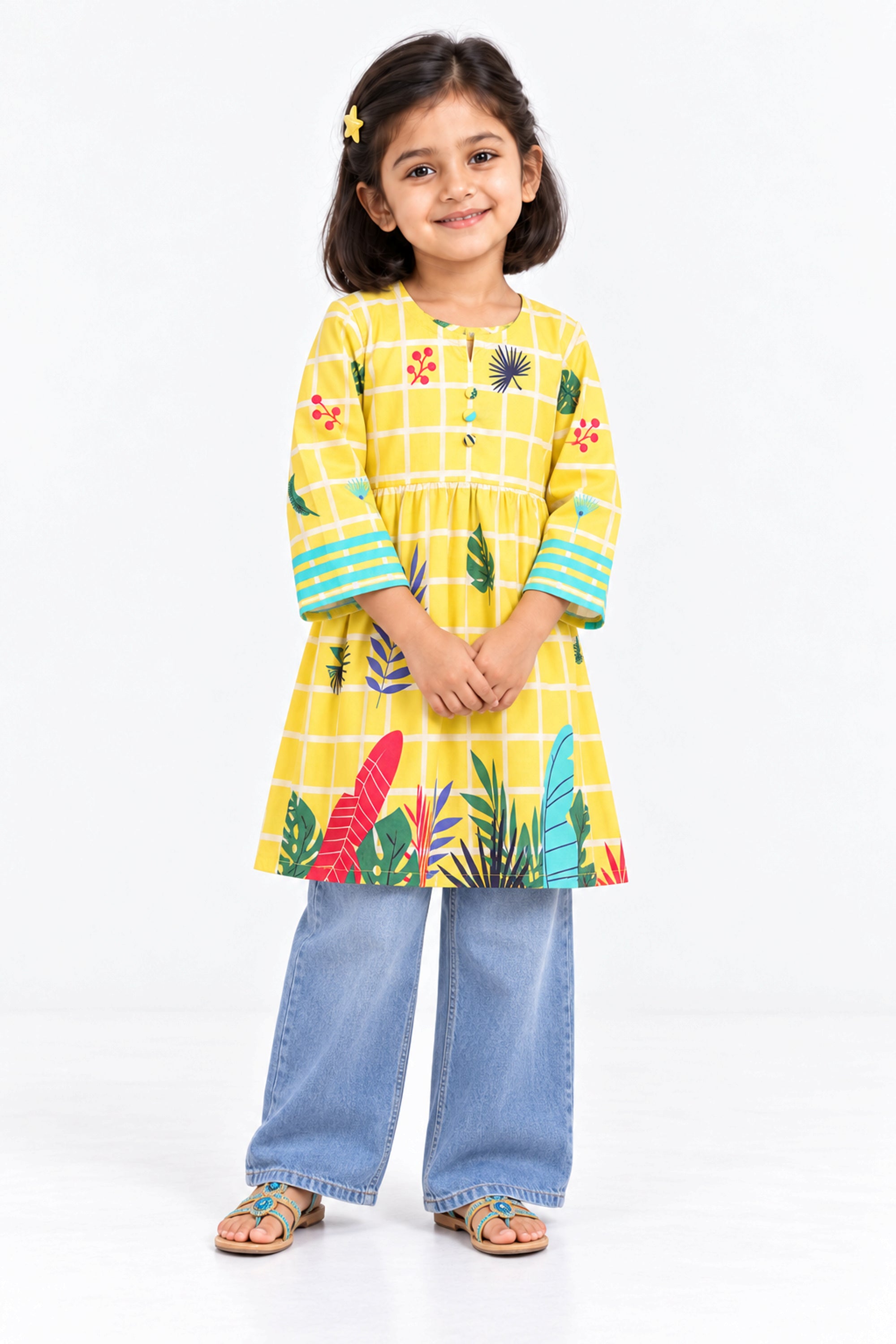 Girls Digital Printed Cotton Frock GS23-9 - Yellow
