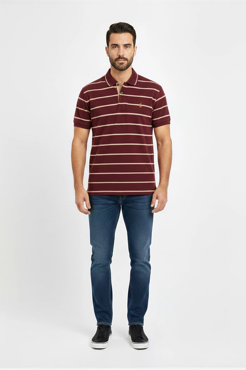 Men Pique Stripes Polo - Maroon