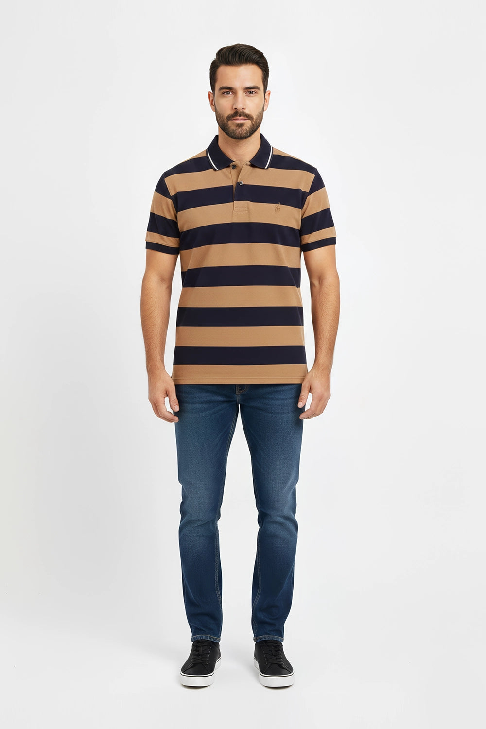 Men Pique Stripes Polo - Brown And Navy