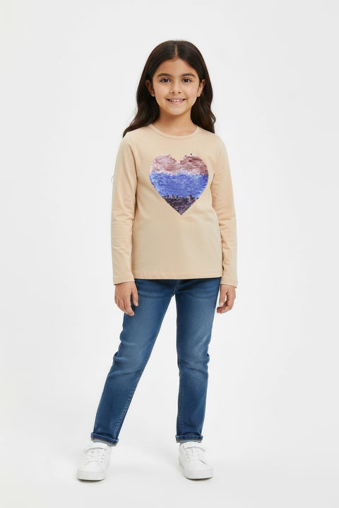 Girls Branded Sequins T-Shirt F/S - Beige