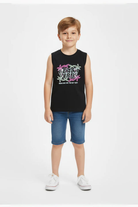 Boys Branded Graphic Sando - Black