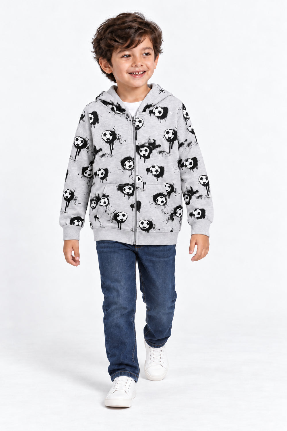 Boys Branded Graphic Zipper Hoodie - Grey
