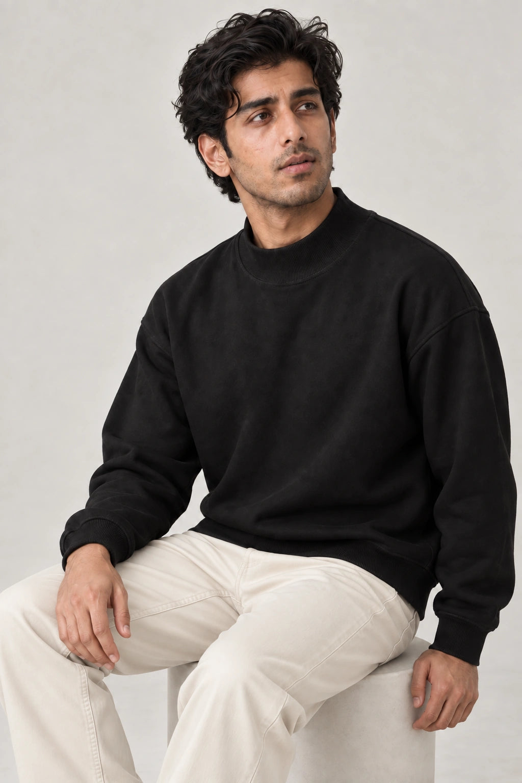 Men Branded Fleece High Neck - Black
