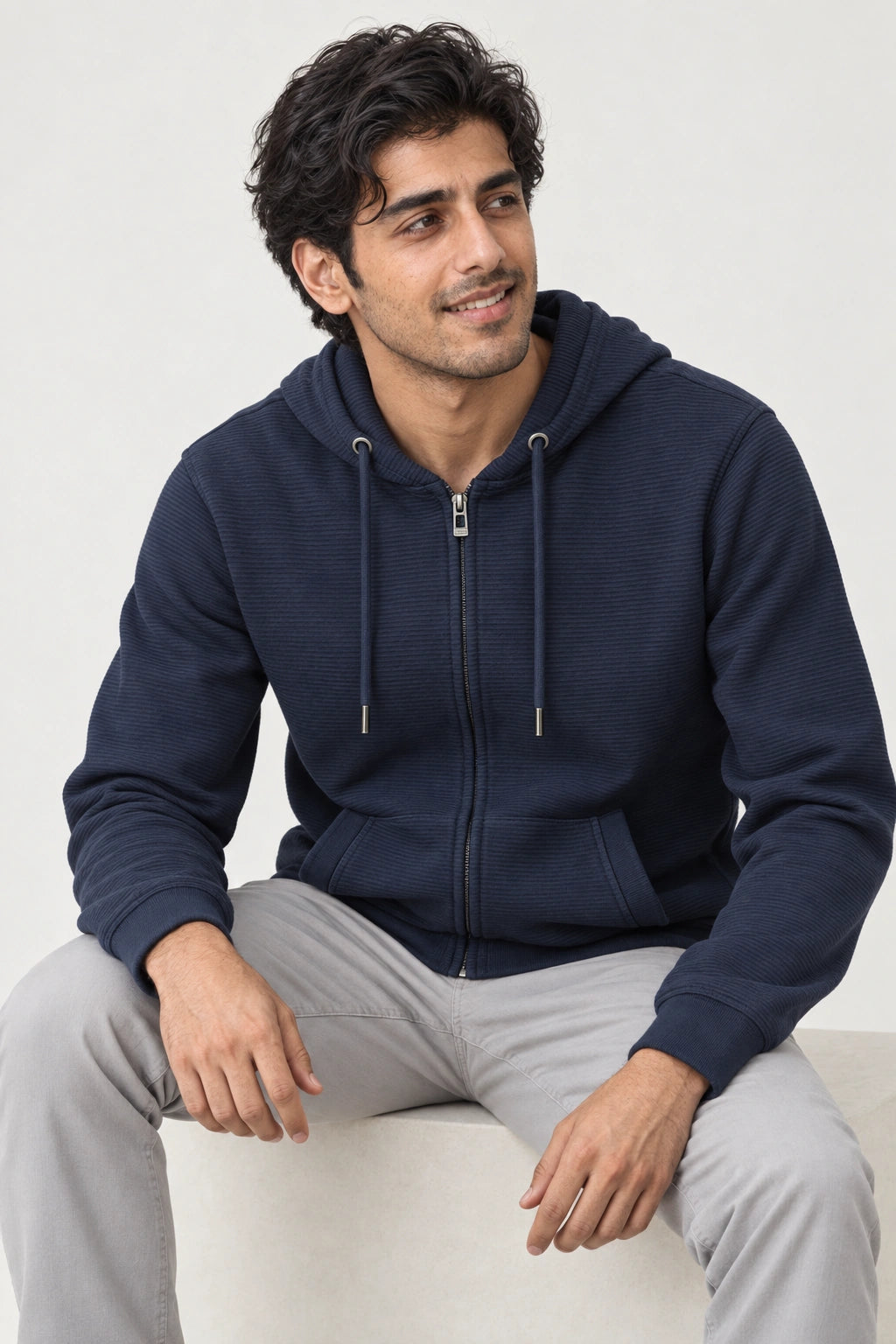 Men Branded Hoodie Zipper - Navy