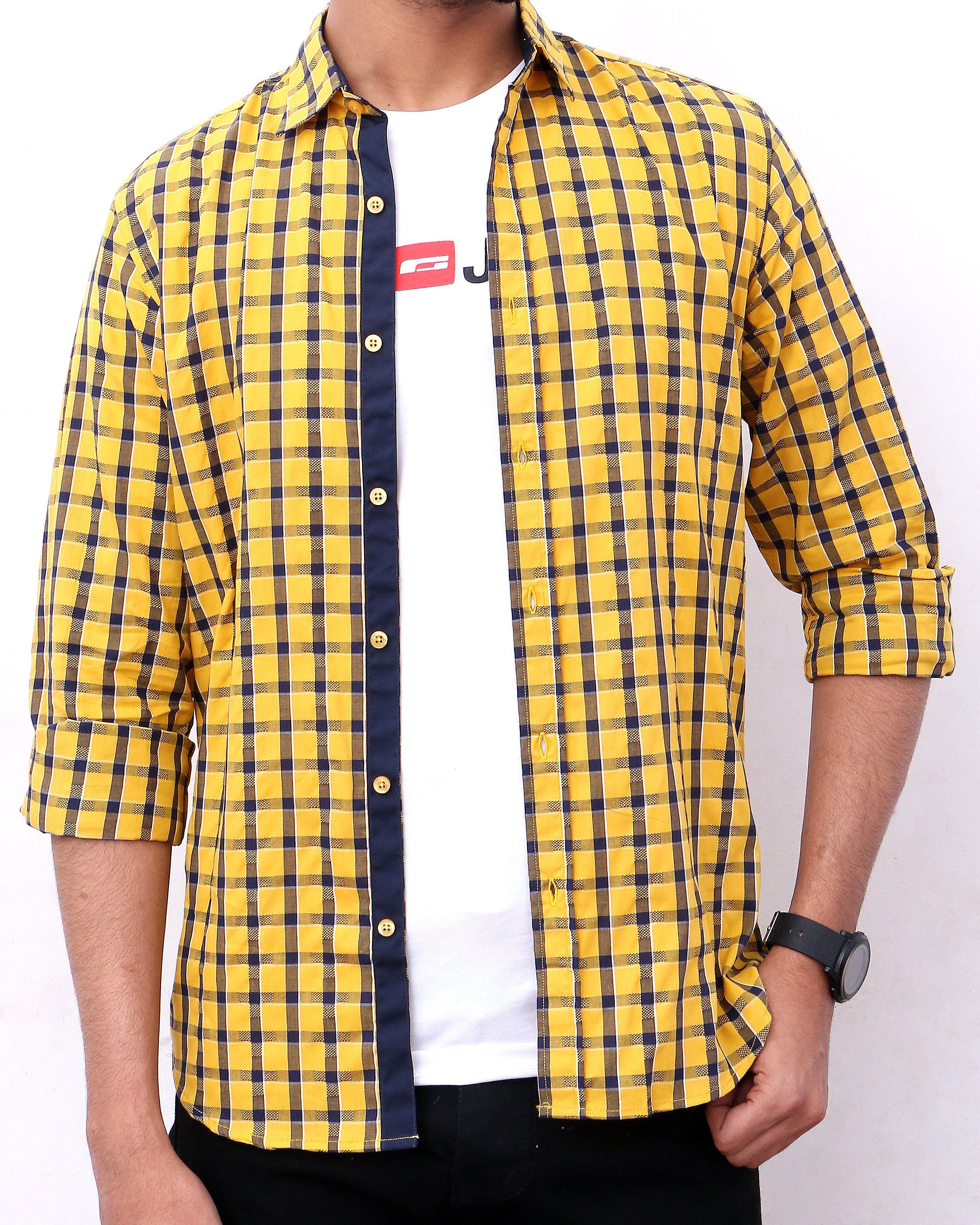 Men Dobby Check Shirt MFS23-2 Yellow & Navy– Expostorepk