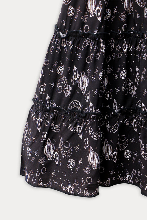 Girls Printed Long Skirt - Black