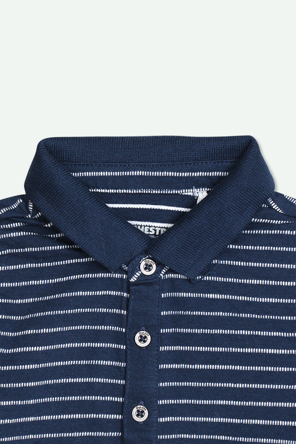 Boys Branded Stripes Polo F/S - Navy