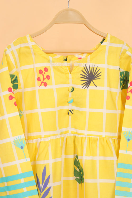 Girls Digital Printed Cotton Frock GS23-9 - Yellow