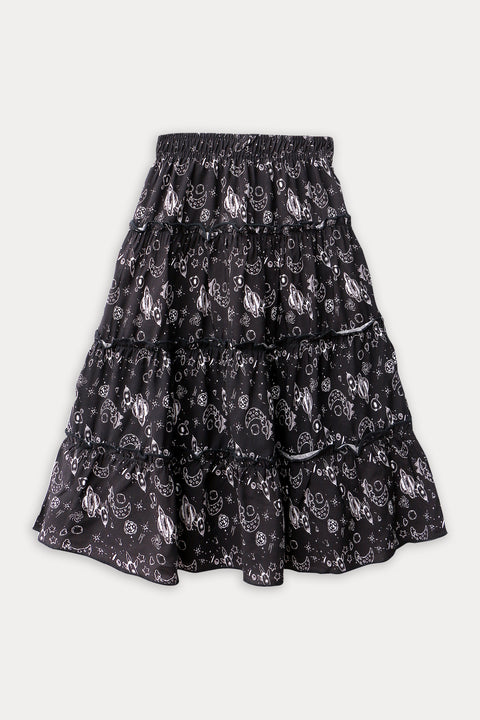 Girls Printed Long Skirt - Black